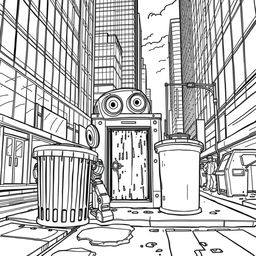 Create a detailed black and white coloring book page illustrating the tale of Tom, a small recently built robot with large expressive eyes and shiny metal joints