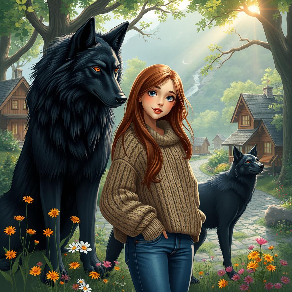 A realistic illustration of a teenage girl with long brown hair, who has recently moved to a serene village nestled in a lush green forest
