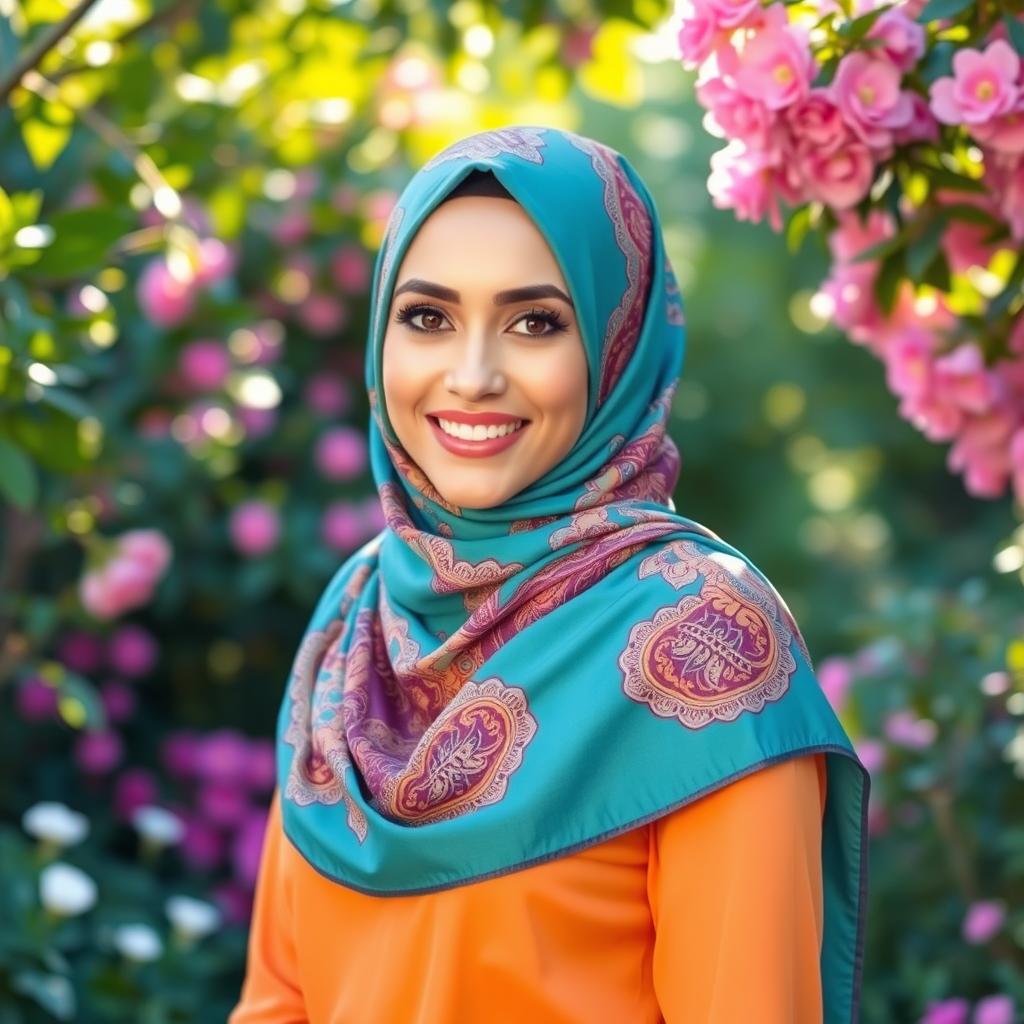 A beautiful, elegant woman wearing a vibrant hijab, adorned with intricate patterns and bright colors