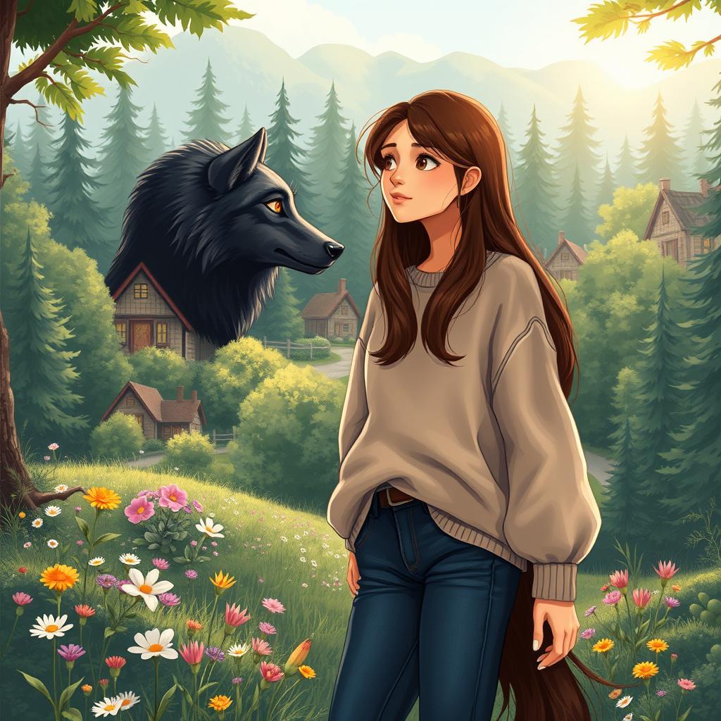 A realistic illustration of a teenage girl with long brown hair, who has recently moved to a quaint village surrounded by a dense, enchanting forest