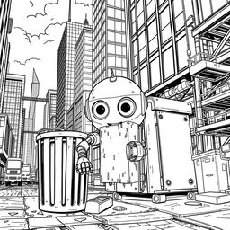 Create a detailed black and white coloring book page illustrating the tale of Tom, a small recently built robot with large expressive eyes and shiny metal joints