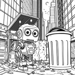 Create a detailed black and white coloring book page illustrating the tale of Tom, a small recently built robot with large expressive eyes and shiny metal joints