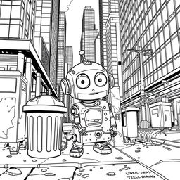Create a detailed black and white coloring book page illustrating the tale of Tom, a small recently built robot with large expressive eyes and shiny metal joints