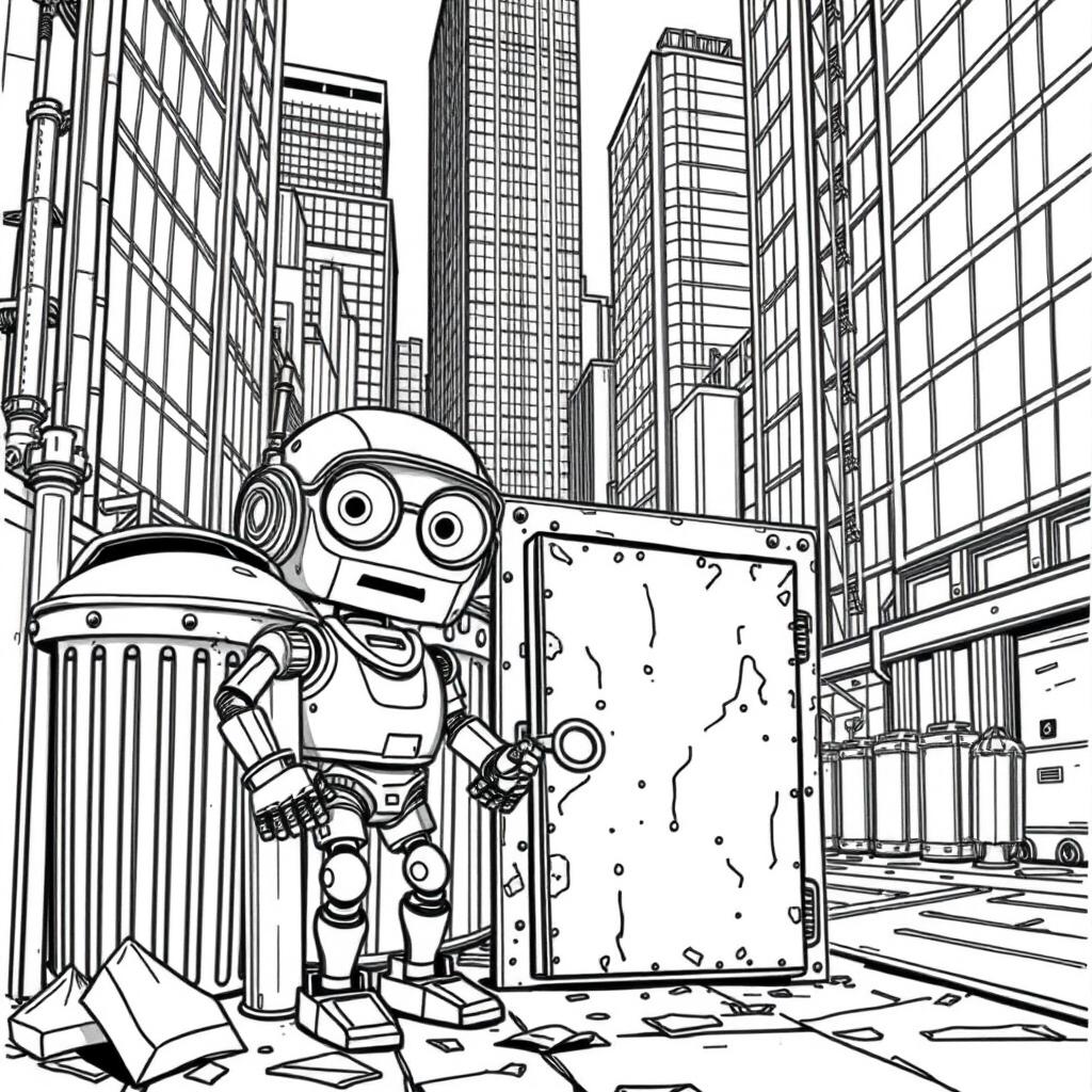 Create a detailed black and white coloring book page illustrating the tale of Tom, a small recently built robot with large expressive eyes and shiny metal joints