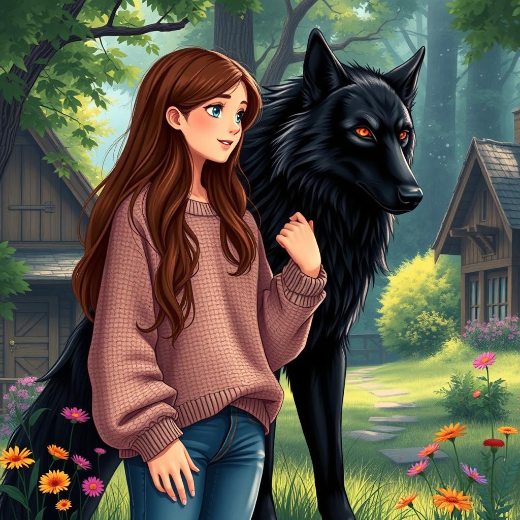 A realistic illustration of a teenage girl with long brown hair, who has recently moved to a picturesque village located deep within a verdant forest