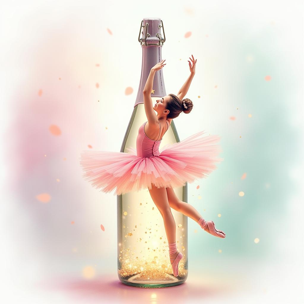 A beautiful watercolor painting of a delicate ballerina inside a sparkling champagne bottle