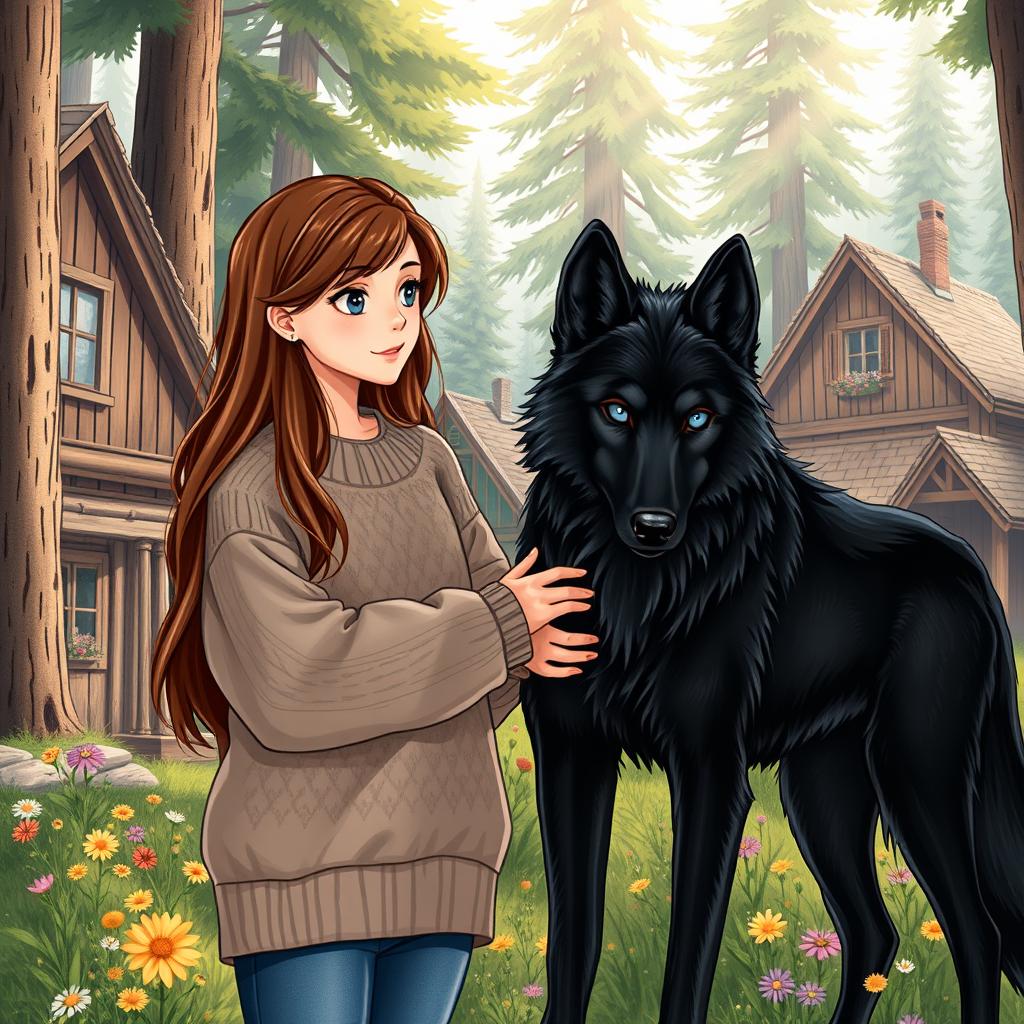 A realistic illustration of a teenage girl with long brown hair, who has recently moved to a quaint village situated in a lush forest