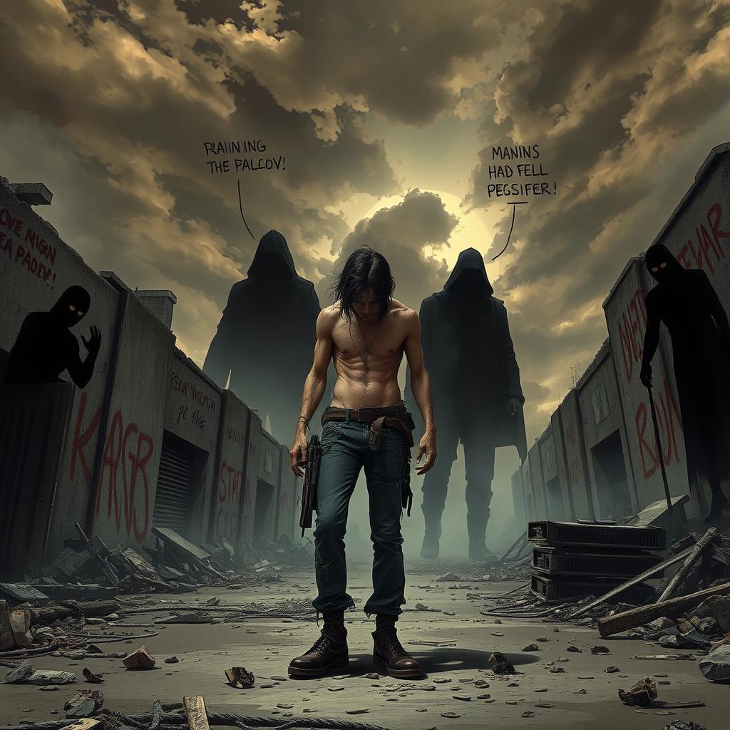 A dystopian scene depicting a lone figure standing amidst a crumbling urban landscape, showing expressions of disdain and malice from shadowy figures in the background