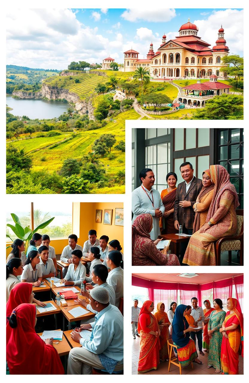 A striking and informative collage depicting the themes of education, politics, and social aspects in Maluku Utara, Indonesia
