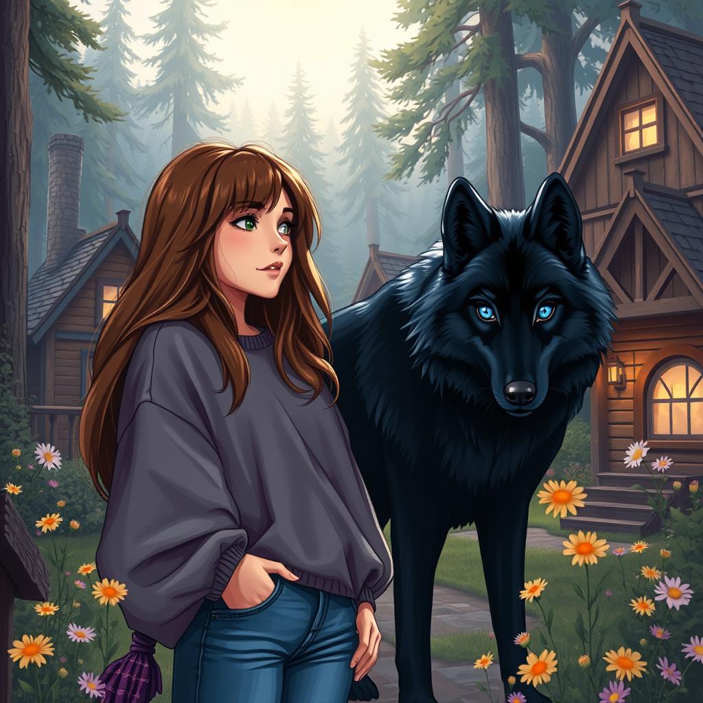 A realistic illustration of a teenage girl with long brown hair, freshly moved to a charming village nestled in a dense, mystical forest