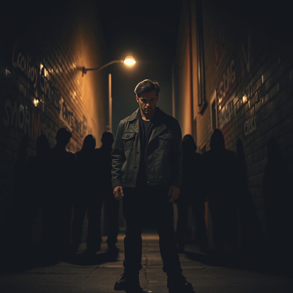 A solitary figure standing in a dimly lit alley, surrounded by shadowy silhouettes of a group, their faces obscured but exuding a sense of disdain and hostility