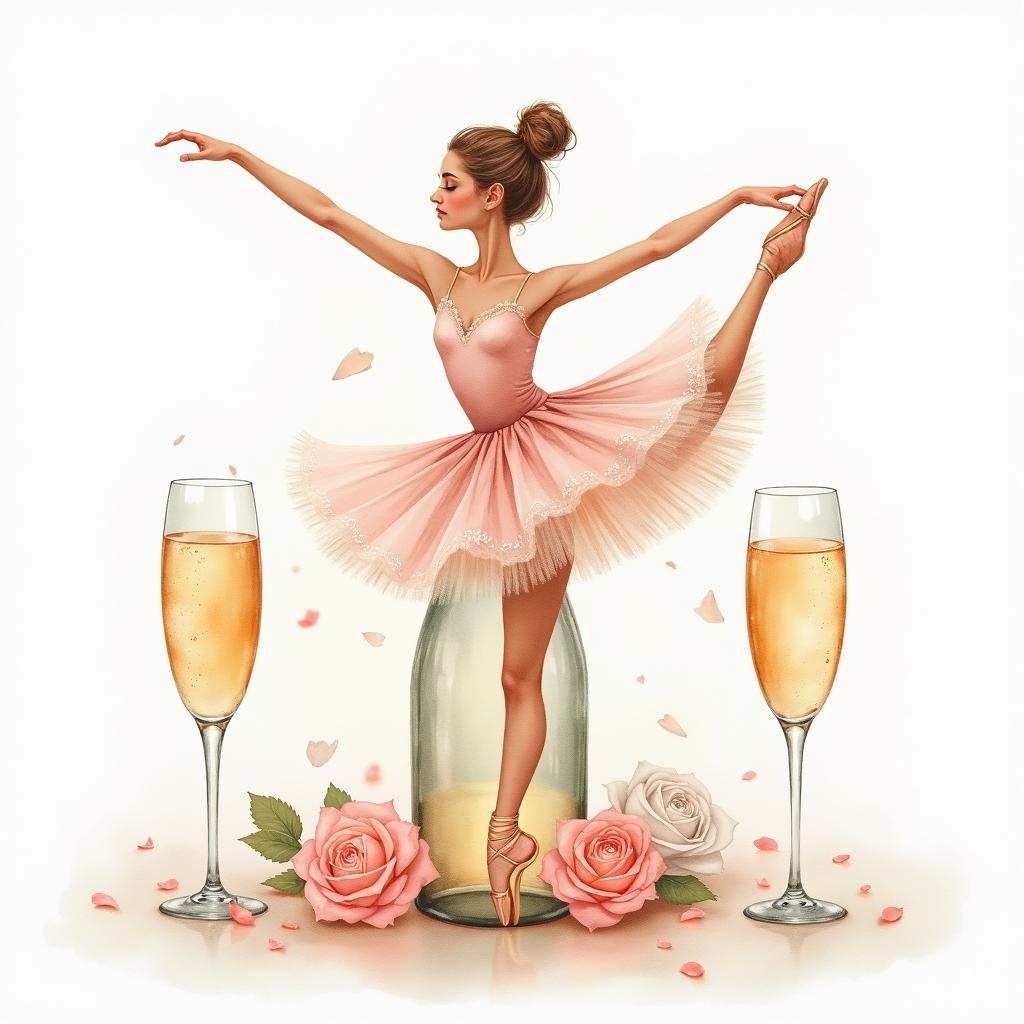 A whimsical watercolor painting of a graceful ballerina dancing with one leg up inside a sparkling champagne bottle