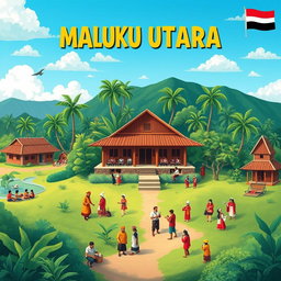 A picturesque landscape illustrating the cultural and educational vibrancy of Maluku Utara, Indonesia, showcasing a traditional classroom setting with students engaged in learning, surrounded by lush tropical greenery, blue skies, and hints of local architecture
