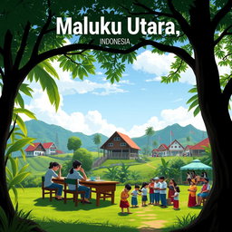 A picturesque landscape illustrating the cultural and educational vibrancy of Maluku Utara, Indonesia, showcasing a traditional classroom setting with students engaged in learning, surrounded by lush tropical greenery, blue skies, and hints of local architecture