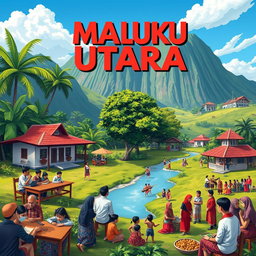 A picturesque landscape illustrating the cultural and educational vibrancy of Maluku Utara, Indonesia, showcasing a traditional classroom setting with students engaged in learning, surrounded by lush tropical greenery, blue skies, and hints of local architecture