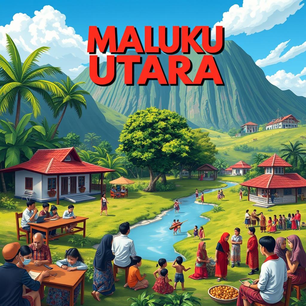 A picturesque landscape illustrating the cultural and educational vibrancy of Maluku Utara, Indonesia, showcasing a traditional classroom setting with students engaged in learning, surrounded by lush tropical greenery, blue skies, and hints of local architecture