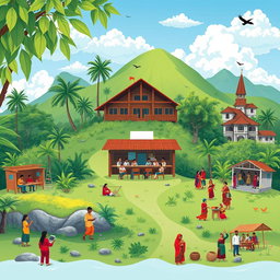 A picturesque landscape illustrating the cultural and educational vibrancy of Maluku Utara, Indonesia, showcasing a traditional classroom setting with students engaged in learning, surrounded by lush tropical greenery, blue skies, and hints of local architecture
