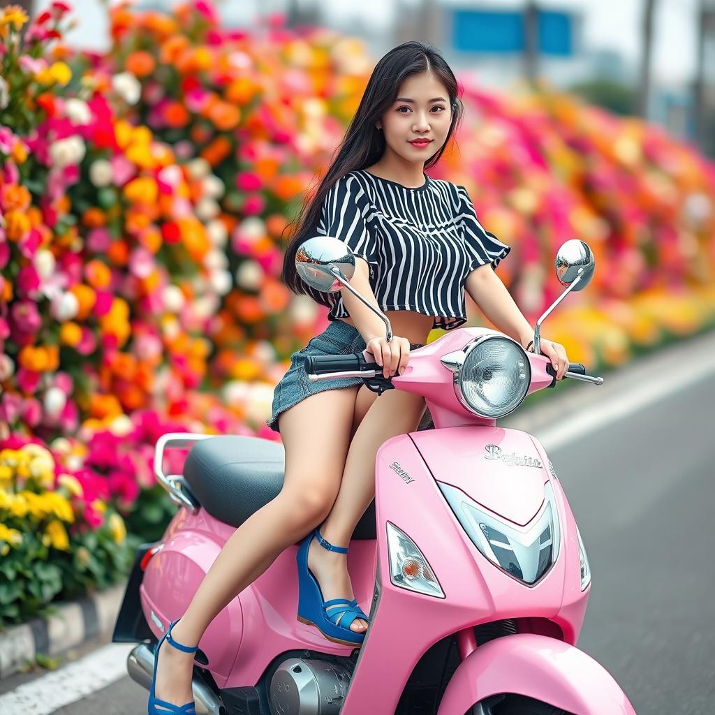 A beautiful Korean woman wearing a black and white striped cropped blouse, stylish fabric shorts, and blue wedge sandals, sitting on a pink Scoopy motorcycle