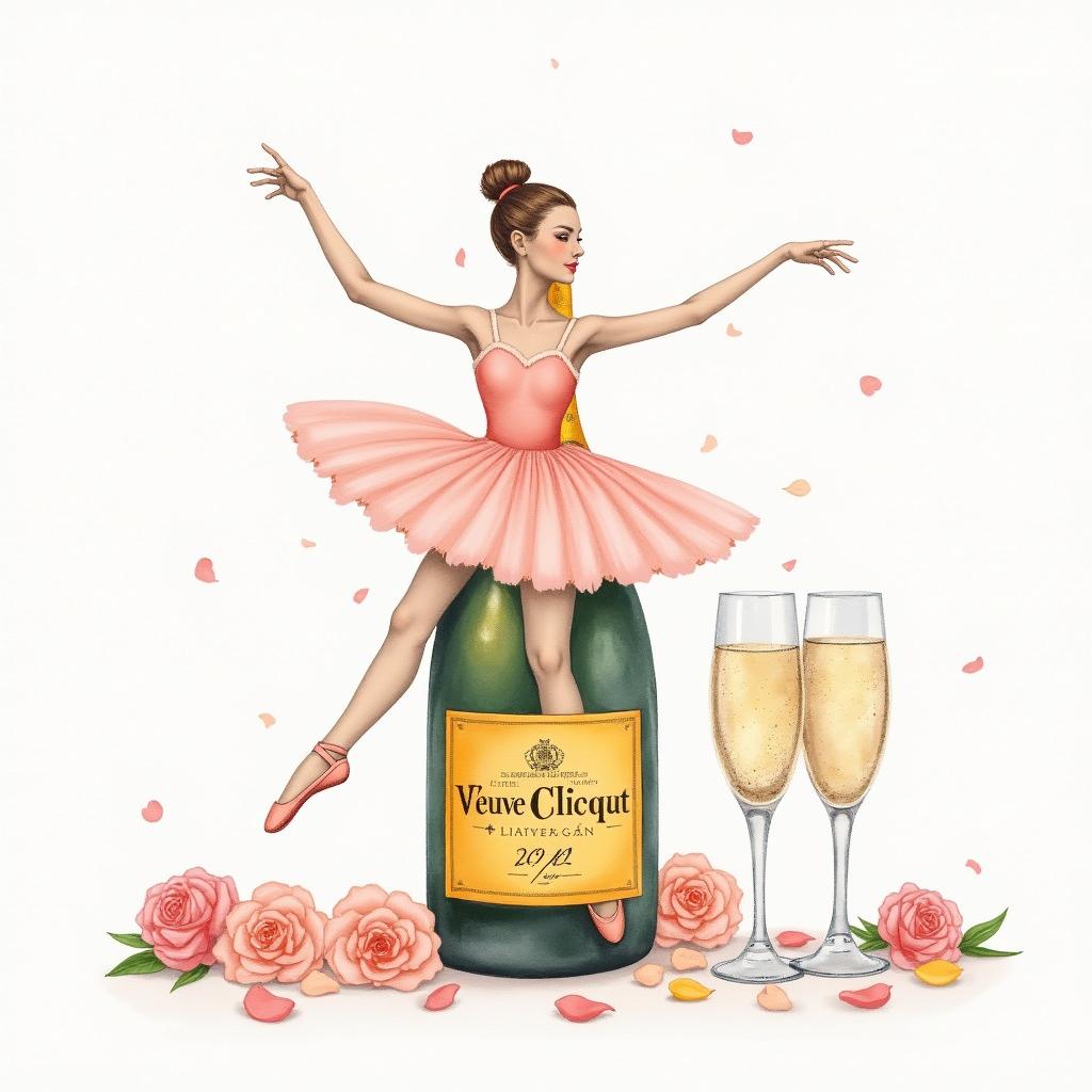 A charming watercolor painting of a pastel-colored ballerina dancing with one leg up in front, contained inside a Veuve Clicquot champagne bottle