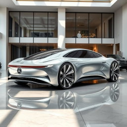 A stunning 2025 Mercedes Vision concept car displayed in a modern car showroom