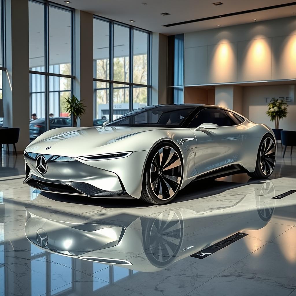 A stunning 2025 Mercedes Vision concept car displayed in a modern car showroom