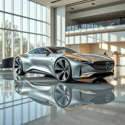 A stunning 2025 Mercedes Vision concept car displayed in a modern car showroom