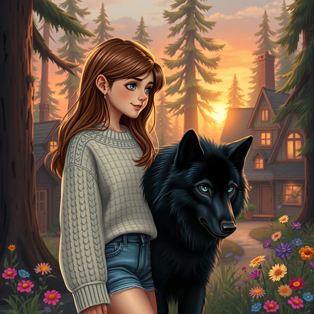 A realistic illustration of a teenage girl with long brown hair, who has just moved to an enchanting village in the heart of a lush forest