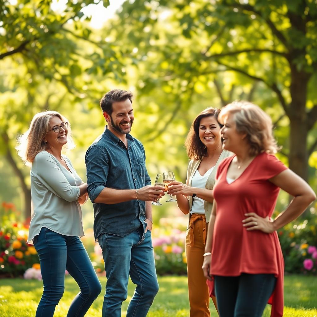 A scene depicting two happy couples smiling and enjoying their time together, while a woman stands nearby with an angry expression, clearly disapproving of the joyful interaction