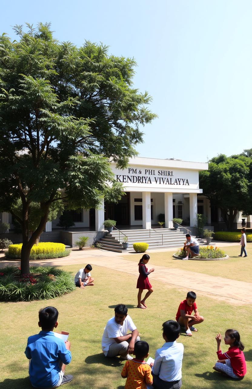 A beautiful and serene school building set in a lush green landscape, prominently featuring the text 'PM SHRI KENDRIYA VIDYALAYA BHANDUP' in large, elegant letters on the front