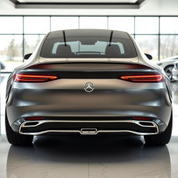 A captivating rear view of the 2025 Mercedes Vision concept car showcased in a modern car showroom