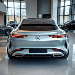 A captivating rear view of the 2025 Mercedes Vision concept car showcased in a modern car showroom