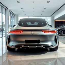 A captivating rear view of the 2025 Mercedes Vision concept car showcased in a modern car showroom
