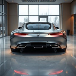 A captivating rear view of the 2025 Mercedes Vision concept car showcased in a modern car showroom