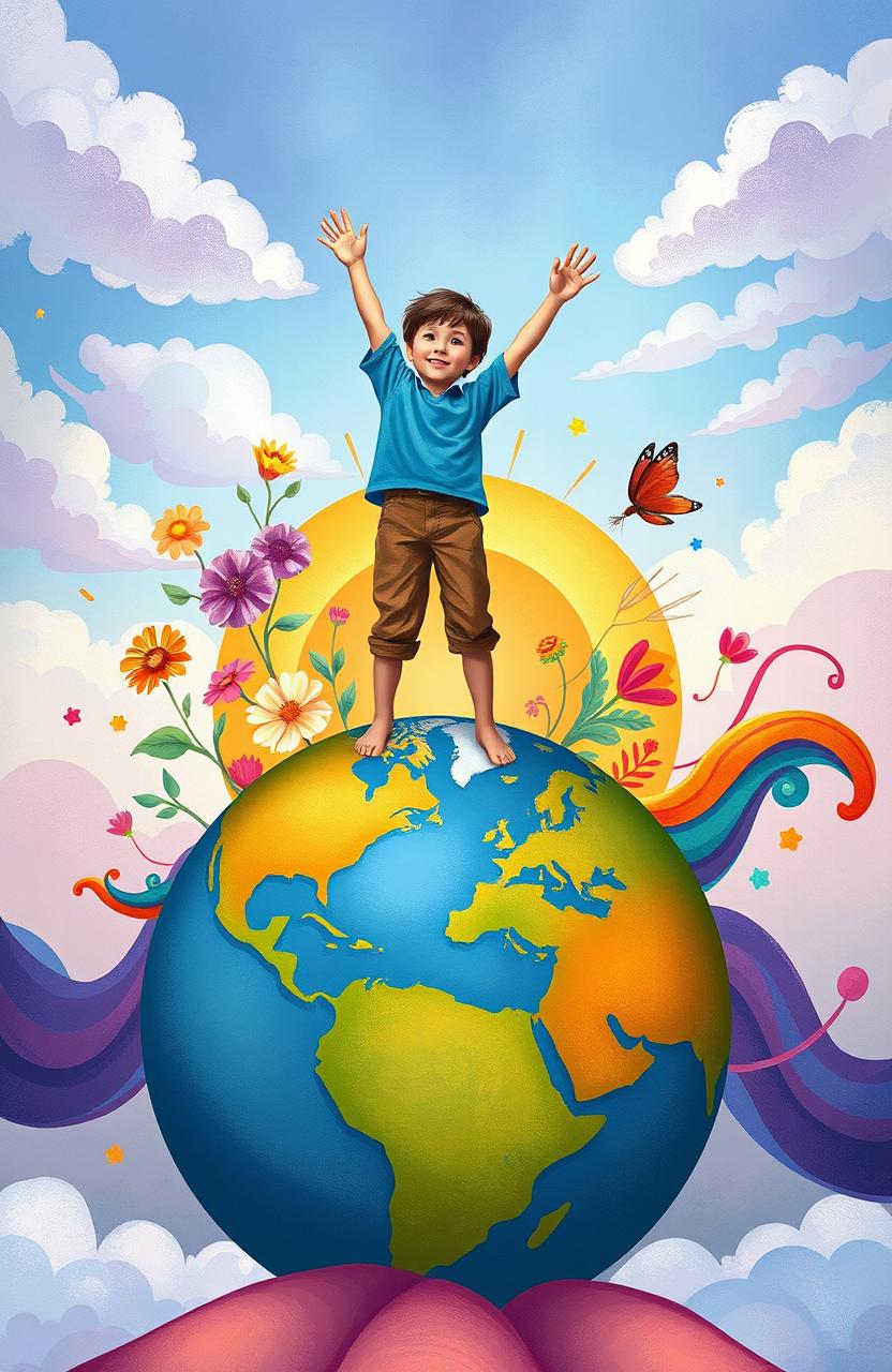 A boy standing triumphantly on top of a stylized globe that represents the world, depicting a harmonious blend of colors and textures to represent different continents