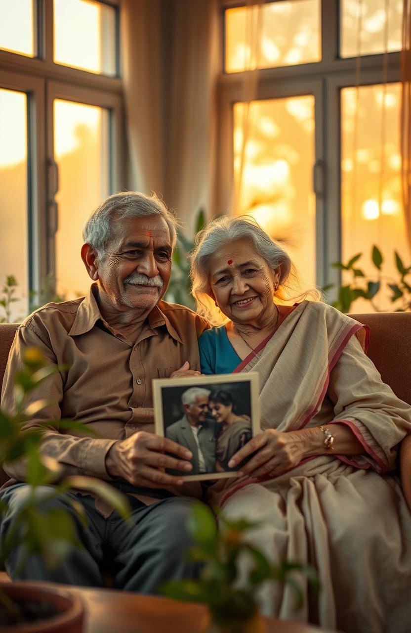 An emotional reunion scene between two elderly lovers, Arun Sen and Mrinalini, in a serene old age home during twilight