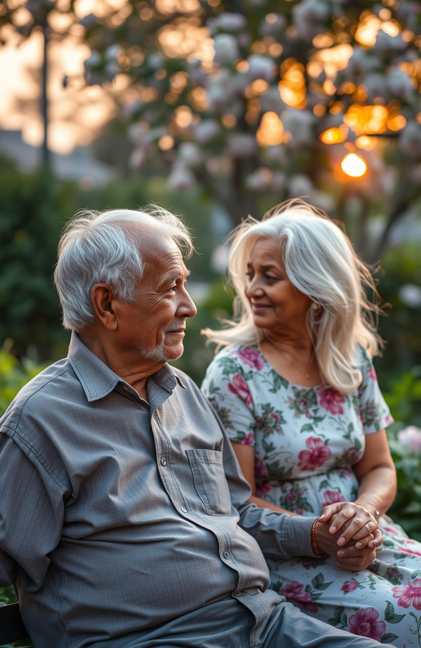 An emotional scene set in a serene old age home with lush greenery surrounding the area