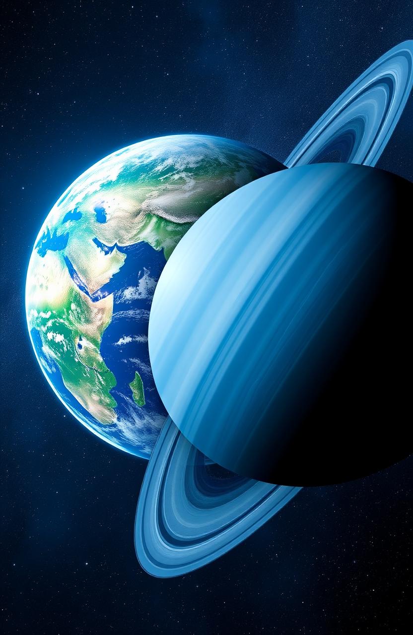 A stunning depiction of Earth and Neptune coexisting in the vastness of space