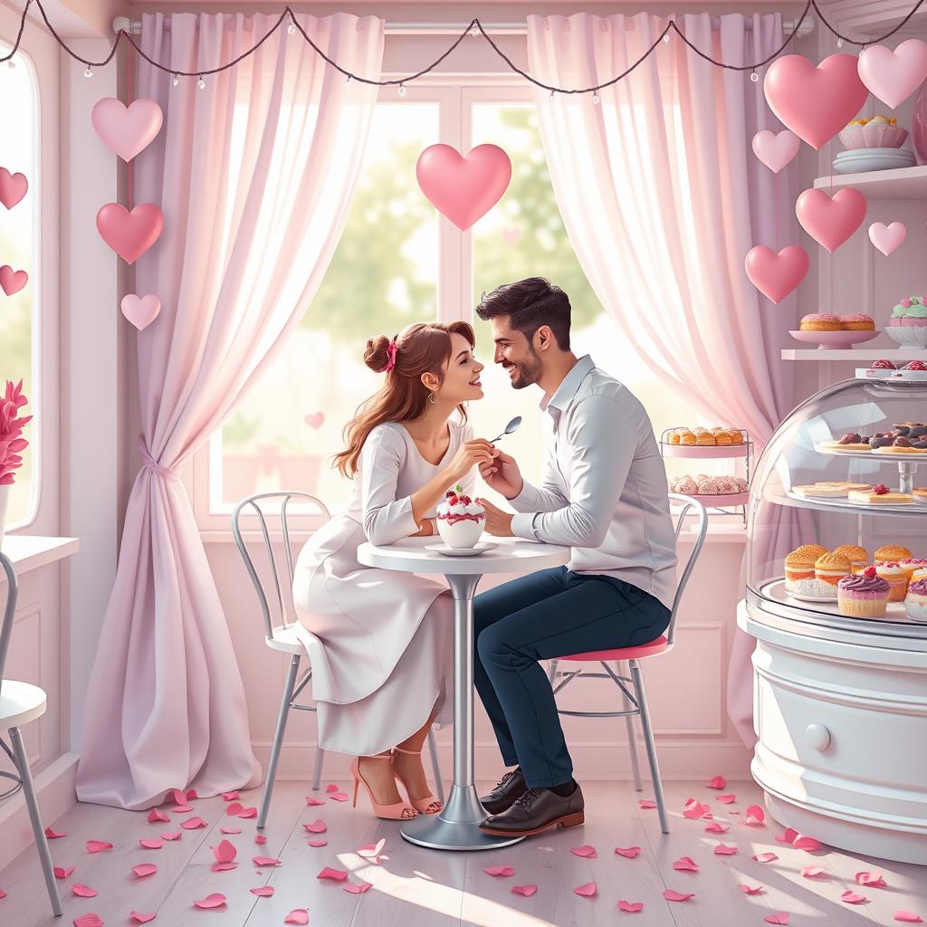 A romantic and heartwarming scene depicting a cozy café for Valentine's Day, adorned with pastel colors such as soft pink, lavender, and light mint green