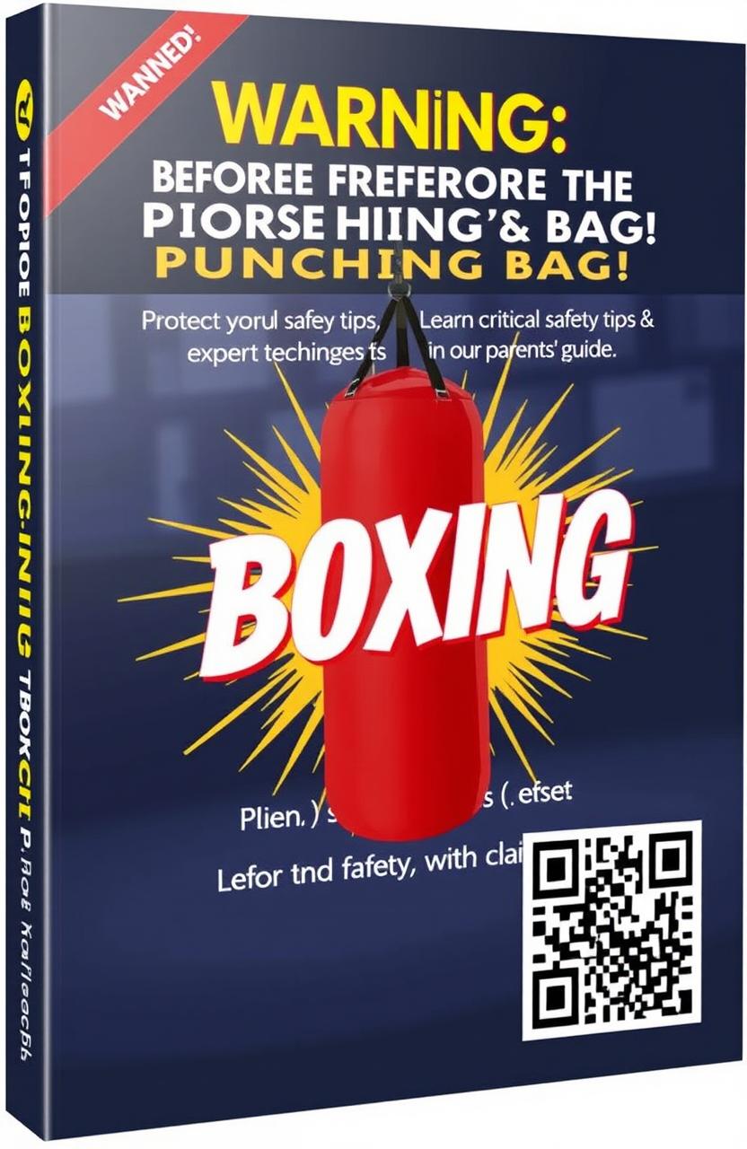 A dynamic and engaging book cover design that includes the following text prominently displayed: '⚠ WARNING: MUST-READ BEFORE USING THE PUNCHING BAG! ⚠ Protect your child from injury! Learn critical safety tips, proper techniques, and expert training drills in our FREE parents’ guide