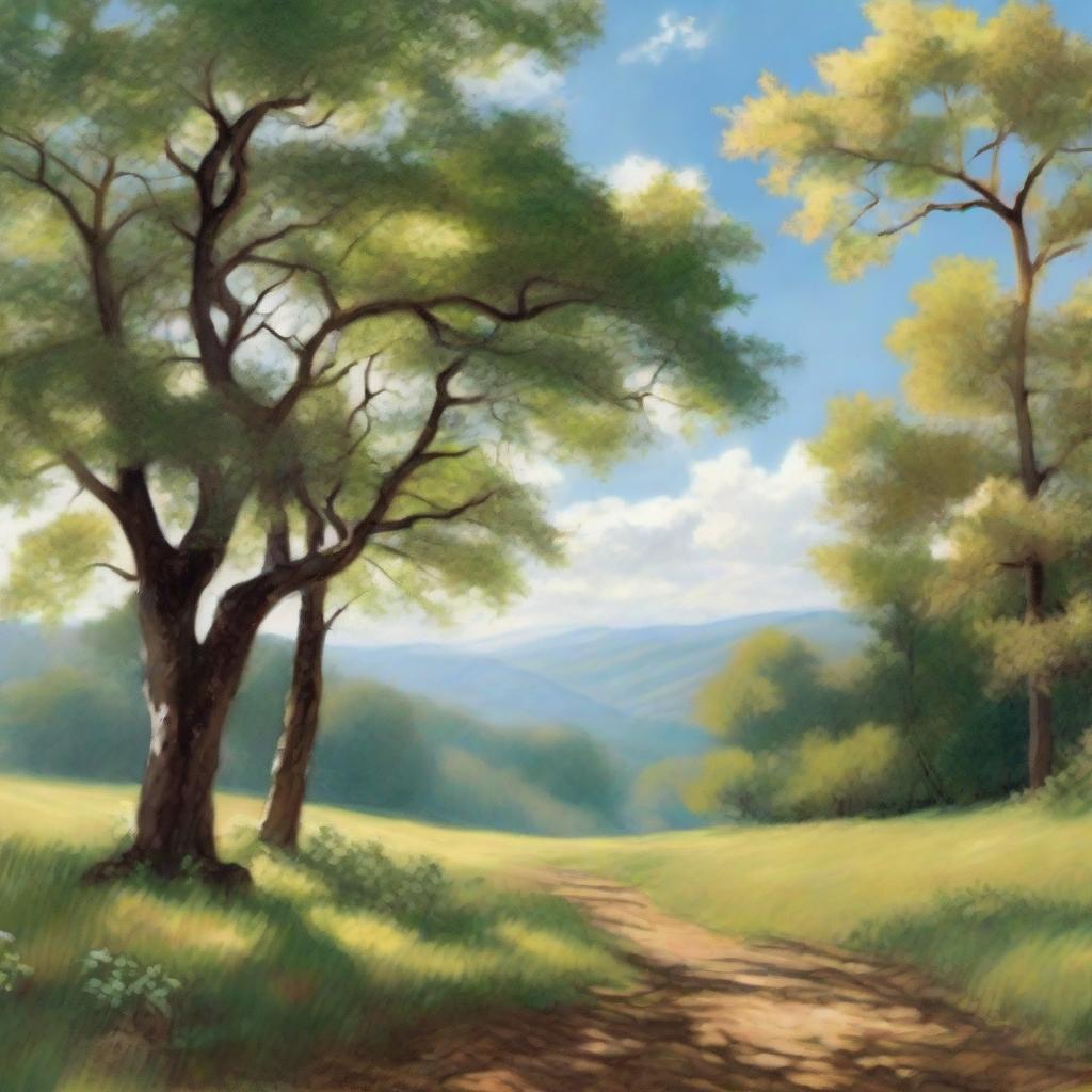 Generate a serene landscape featuring rolling hills, gentle babbling brooks and tall, towering trees. Include a clear blue sky above, peppered with fluffy, white clouds, and dappled sunlight filtering through the leaves of trees.