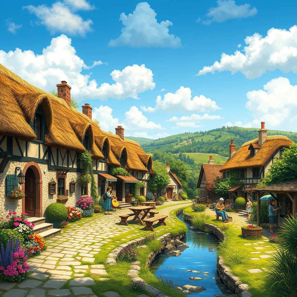 A quaint village scene featuring charming rustic houses with thatched roofs and vibrant flower gardens