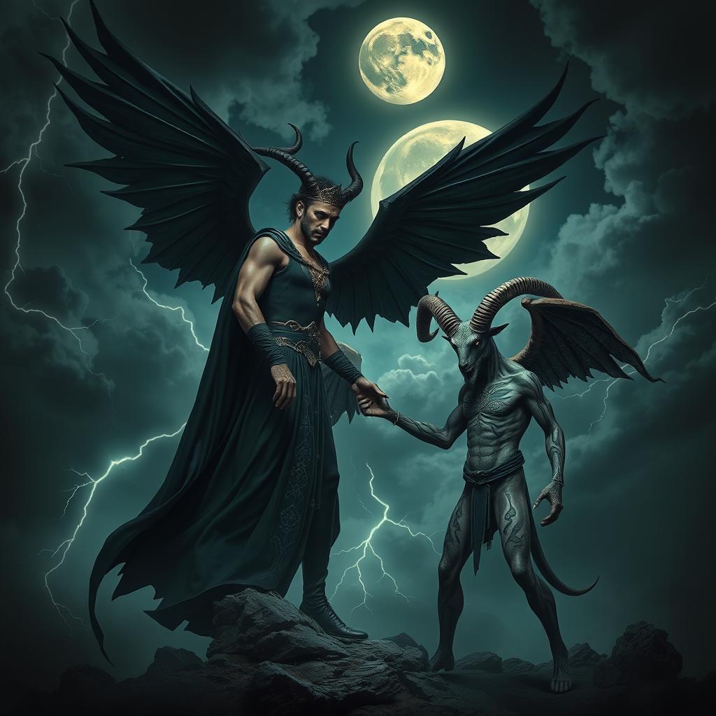 An epic showdown between Lucifer and Baphomet in a dark, mystical atmosphere