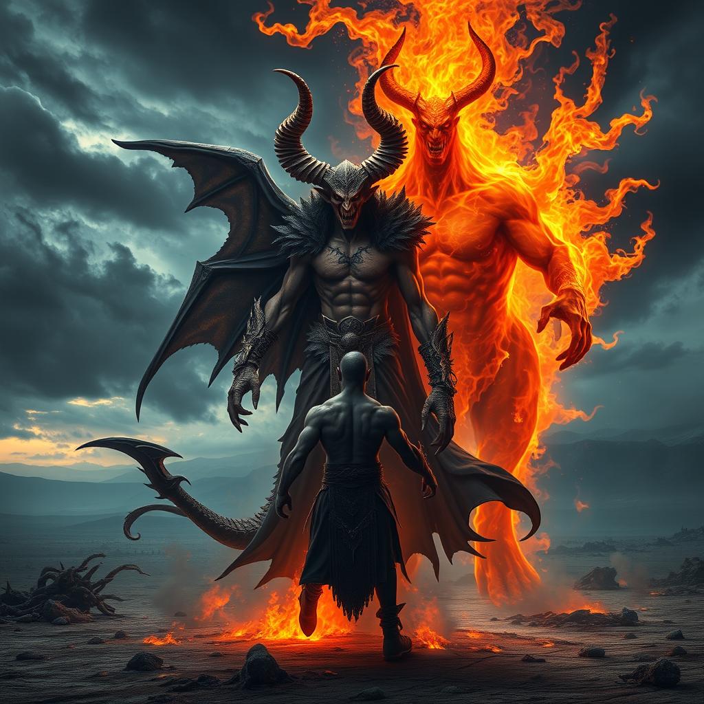 An epic confrontation between Satan, portrayed as a powerful figure with exaggerated demonic features, large horns, and a commanding presence, and Ifrit, depicted as a massive, fiery spirit with flowing flames and smoke surrounding its body