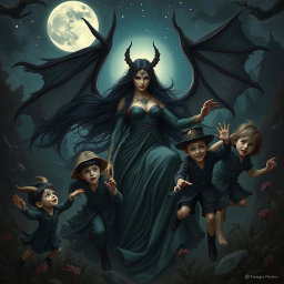 A mythical depiction of Lilith, portrayed as a powerful and enchanting mother figure, surrounded by her Antichrist children, who are energetic boys with mischievous expressions