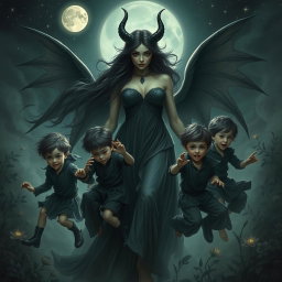 A mythical depiction of Lilith, portrayed as a powerful and enchanting mother figure, surrounded by her Antichrist children, who are energetic boys with mischievous expressions