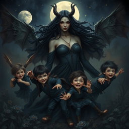A mythical depiction of Lilith, portrayed as a powerful and enchanting mother figure, surrounded by her Antichrist children, who are energetic boys with mischievous expressions