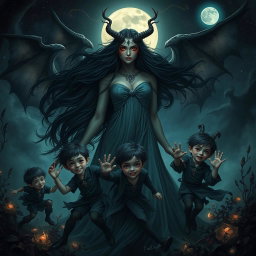 A mythical depiction of Lilith, portrayed as a powerful and enchanting mother figure, surrounded by her Antichrist children, who are energetic boys with mischievous expressions
