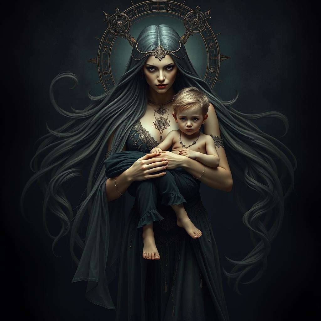 A captivating and surreal image depicting Lilith, a powerful mythological figure, holding a young boy representing the Antichrist