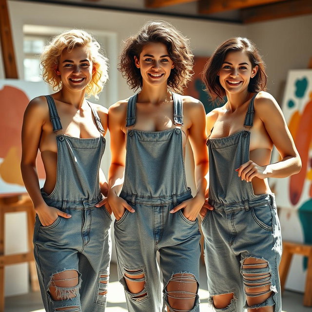 A photorealistic image of three athletic young women with white skin in a bright painter's studio