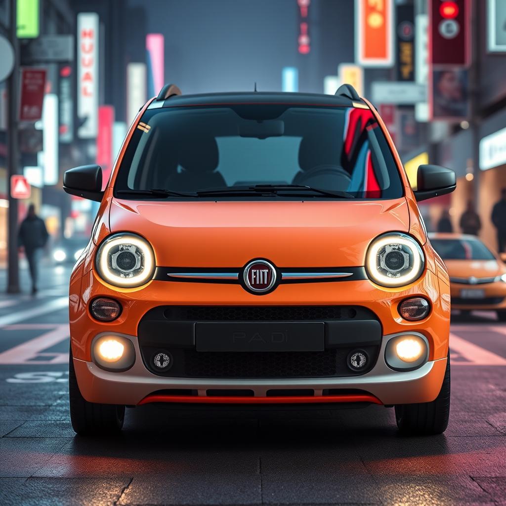 A 2025 Fiat Panda featuring a modernized retro-futuristic design, showcasing square headlights with a pixel art style